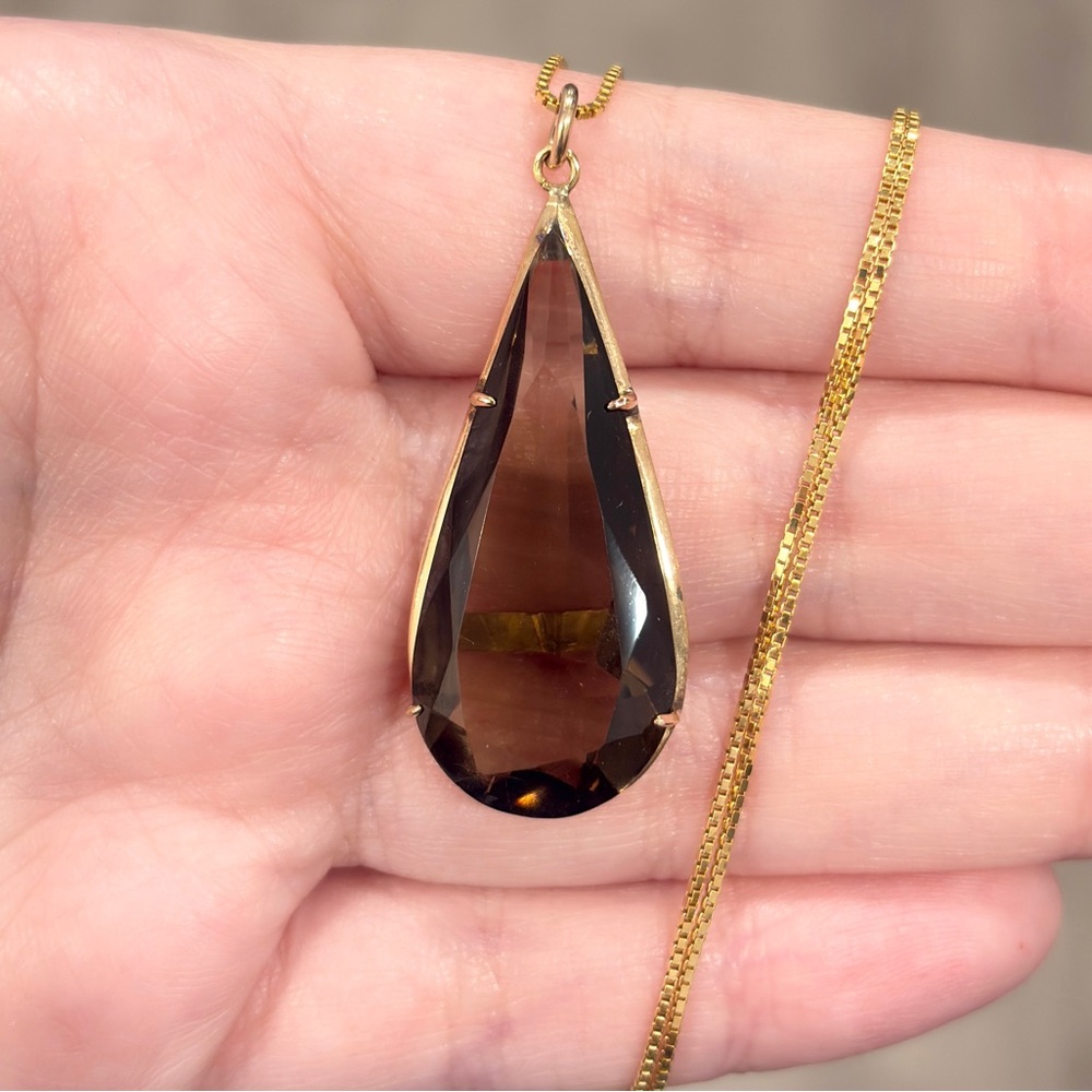 Vintage Smoky Quartz 18K Yellow Rose Gold Pendant Mid-Century Teardrop Solitaire - Picture 3 of 13